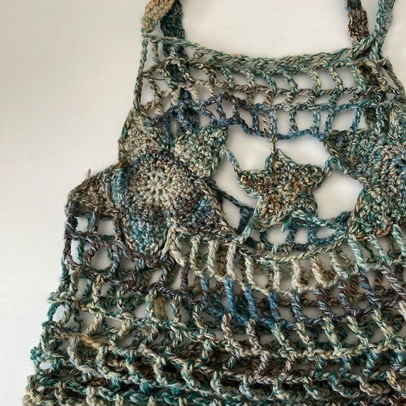 Crochet Knit Star Pattern Crop Tank Top Swim Cover Multicolor Blue Yelllow - Picture 3 of 3